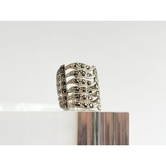 Art Deco Marcasite Gemstone Wavy Chunky Banded Gemstone Vintage Ring - sz 5.5 - Picture 6 of 10